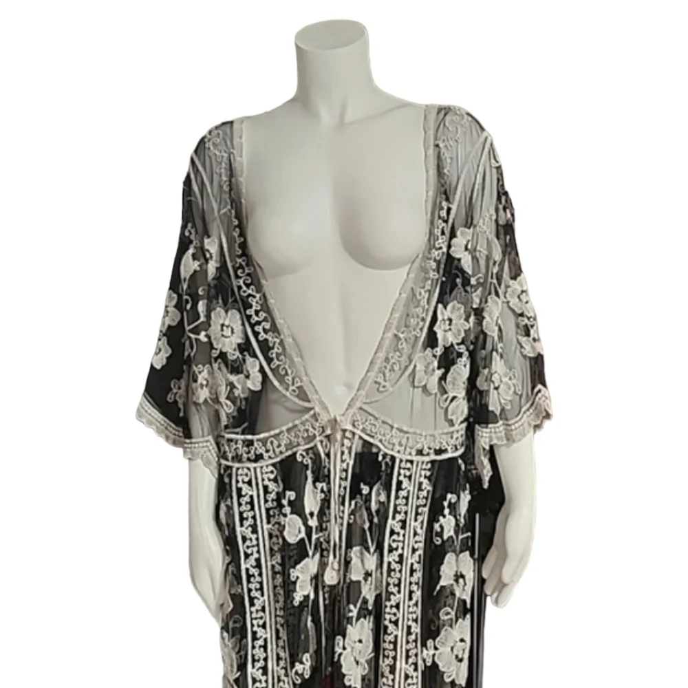 ASHA Gypsy Boho Embroidered Duster L M S Robe Maxi Dress Swim Cover Up Kimono - Picture 8 of 14